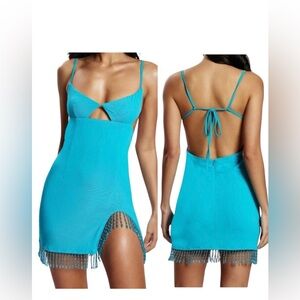 Meshki Darcie Aqua Blue Fringe Mini Dress